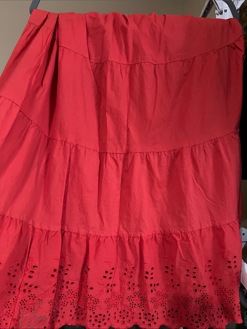 Women’s Red Tiered Maxi Skirt with Eyelet Hem